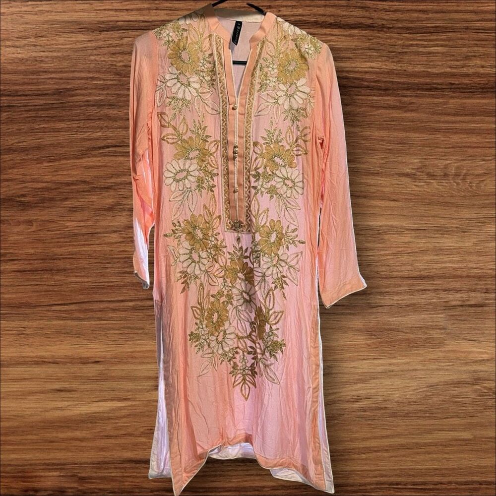 ☑️ Harmony Indian Peach Gold Embroidered Cotton Kurta Tunic Size M